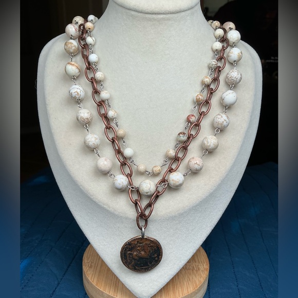 Triple Layer Necklace with Vintage Greek Coin and Rustic Howlite Beads - 17” - Picture 7 of 12